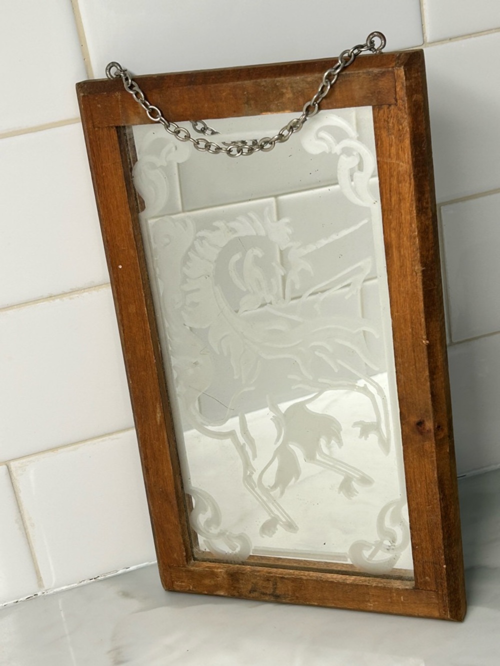 Vintage 1970s bearded unicorn frosted glass mirror framed w/ wood hanging chain